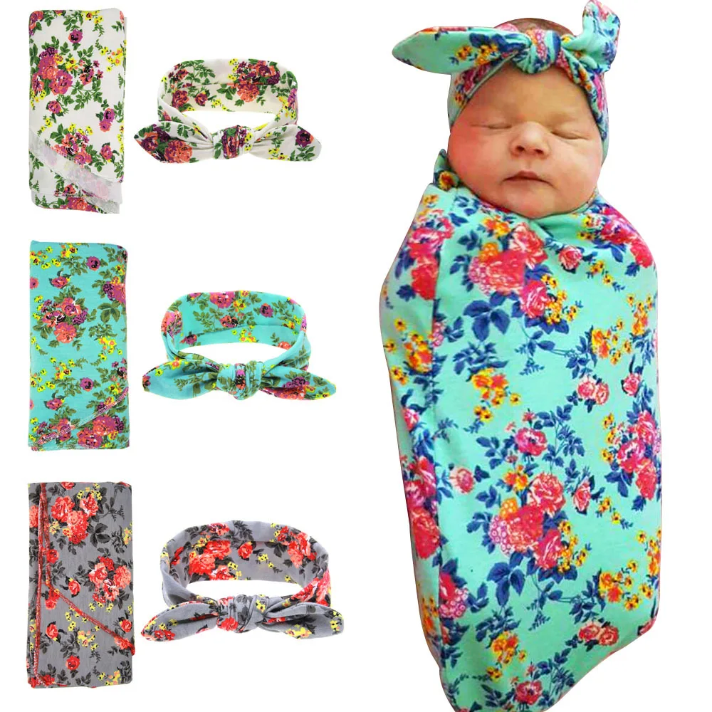 Newborn Infant Swaddle Blanket Headwrap Hospital Swaddled Set Floral