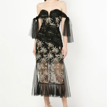 

KLEEZY Sleeveless Slash Neck Lace Embroidery Mesh Dress Sheath 2019 Sexy Club Dress Vestidos Celebrity Evening Party BY1122