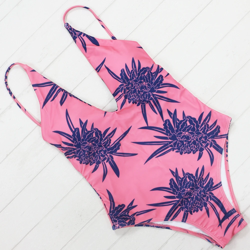 2017 Brand New Arrival Printed Floral One Piece Swimsuit Swimwear Women Deep V Neck Padded
