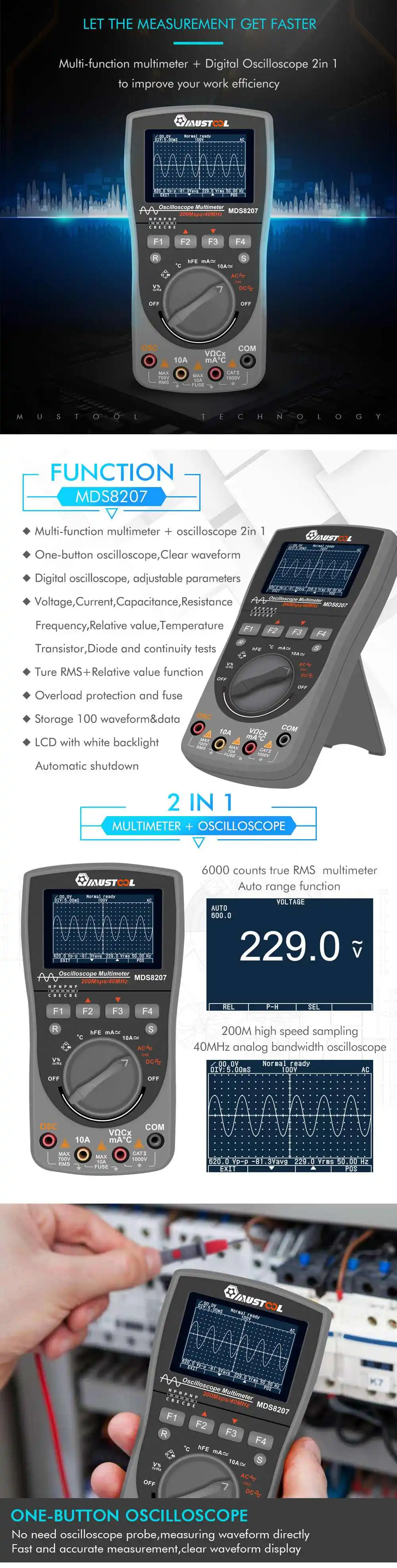 Модернизированный MUSTOOL MDS8207 Интеллектуальный 2 в 1 цифровой 40 МГц 200 Msps/S осциллограф 6000 отсчетов мультиметр True RMS