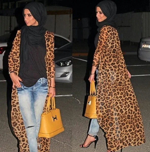 

2019 long sleeve Muslim dress leopard chiffon islamic abaya for woman