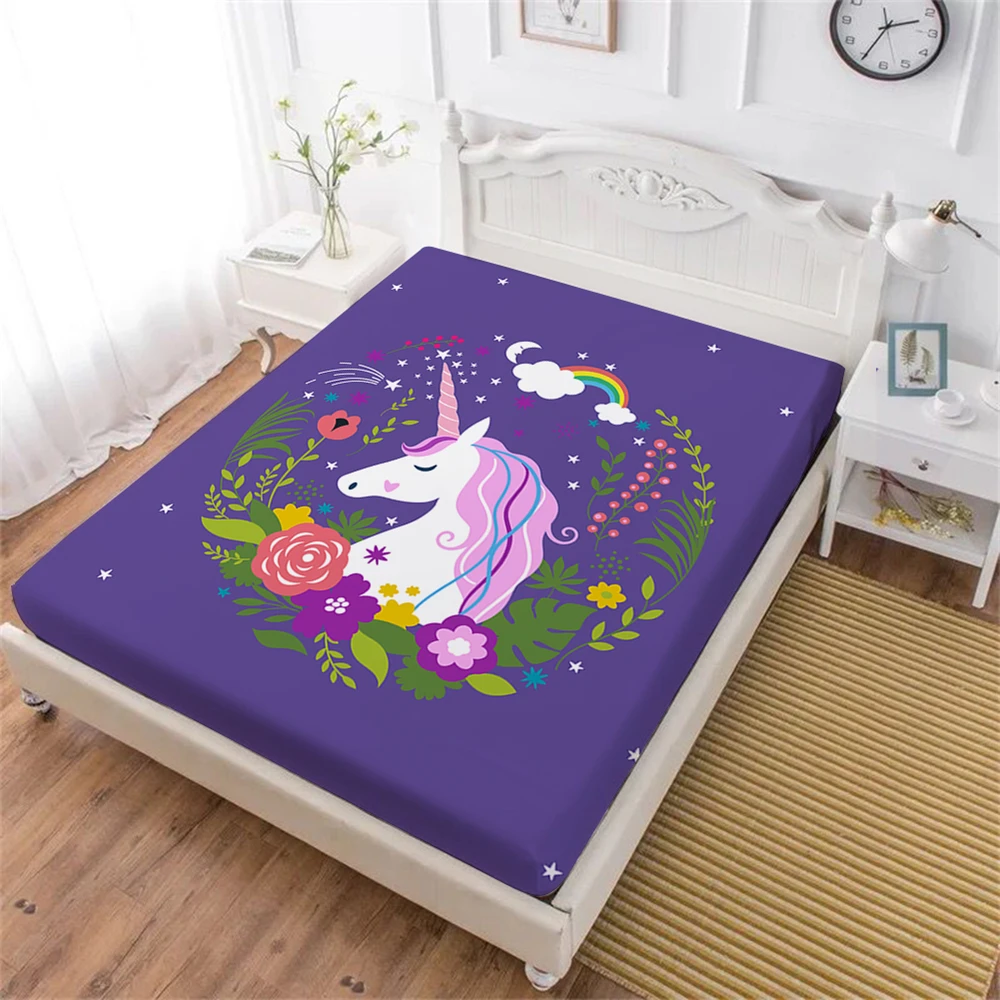 Dreamlike Purple Cartoon Bed Sheet Unicorn Fitted Sheet Colorful