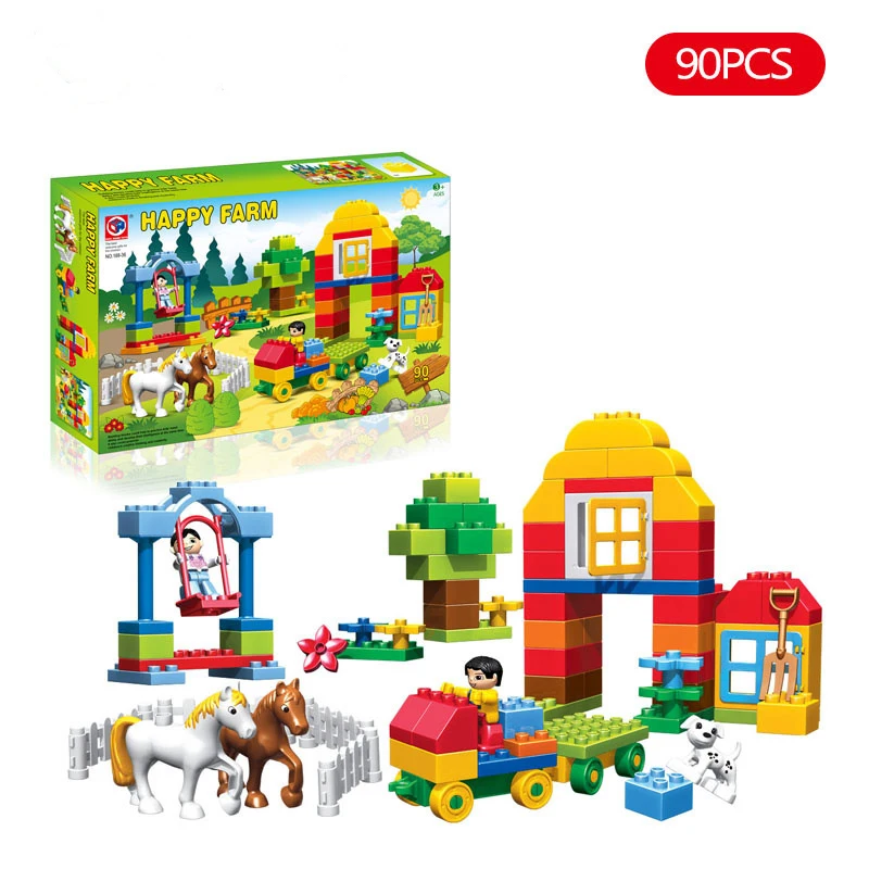 

90pcs Happy Farm Animals Building Blocks Sets Large particles Animal Model Bricks Compatible with Legoings Duplo Baseplate