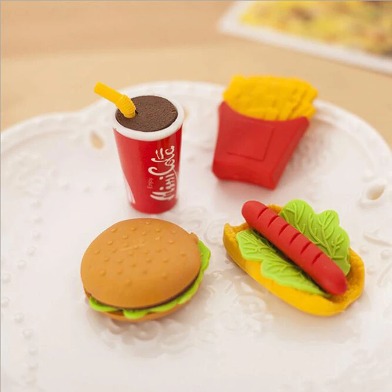 Cute Kawaii Cake Hamburger Food Drink Coke Eraser Set Stationery School Office Erase Supplies Fruit Kids Gift