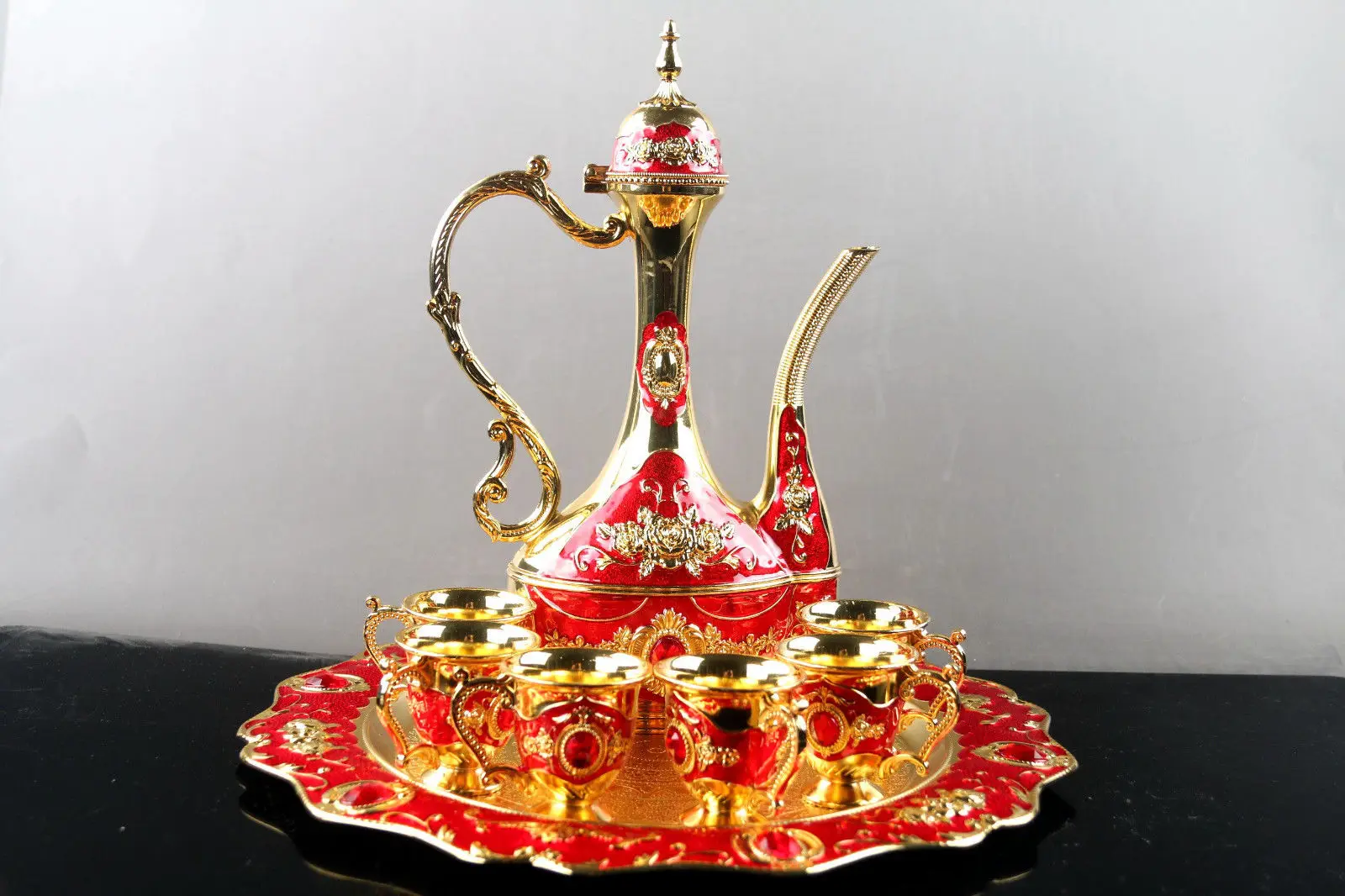 

Collectible Decorated Old miao Silver Carved Flower TeaPot Cup Plate Set