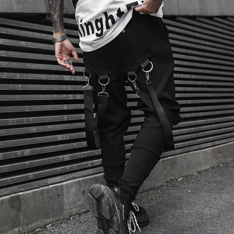 Мужские штаны для бега в стиле хип-хоп, черные повседневные уличные спортивные штаны с лентами, весенние модные штаны-шаровары для мужчин