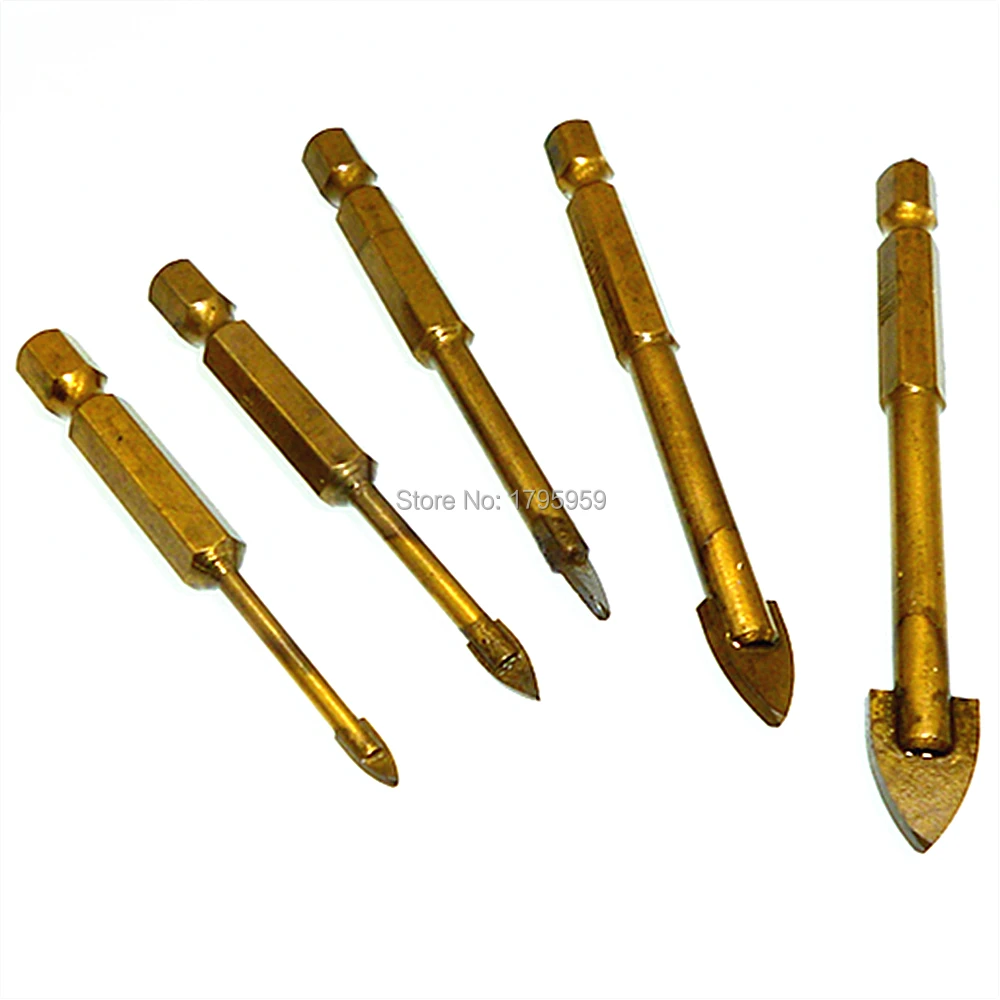 5pc Titanium Coated 1/4" Hex Shank Glass Drill Bits Set 3mm 4mm 6mm 8mm