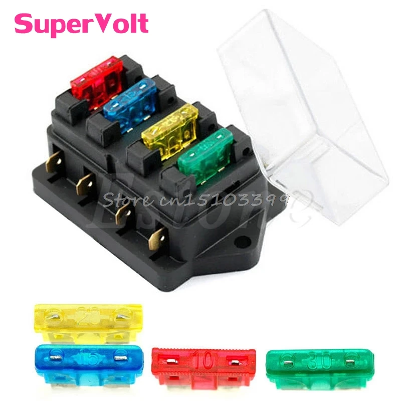 Hot 12V/24V 4 Way Car Circuit Standard ATO Blade Fuse Box Block Holder + 4 Fuses G08 Drop ship