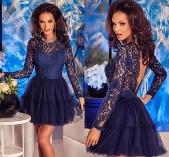 

Long Sleeve A-Line Lace Dark Blue Homecoming Dresses 2019 Scoop Tulle Backless Graduation Dresses Mini vestido de formatura