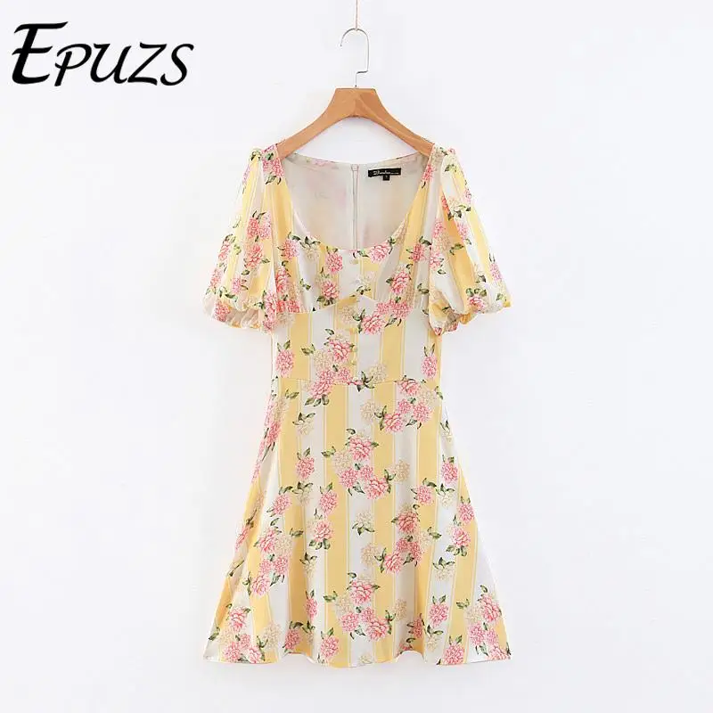

Sexy mini V NECK yellow floral dress women short sleeve casual party beach dress korean vintage boho dress summer vestidos 2019