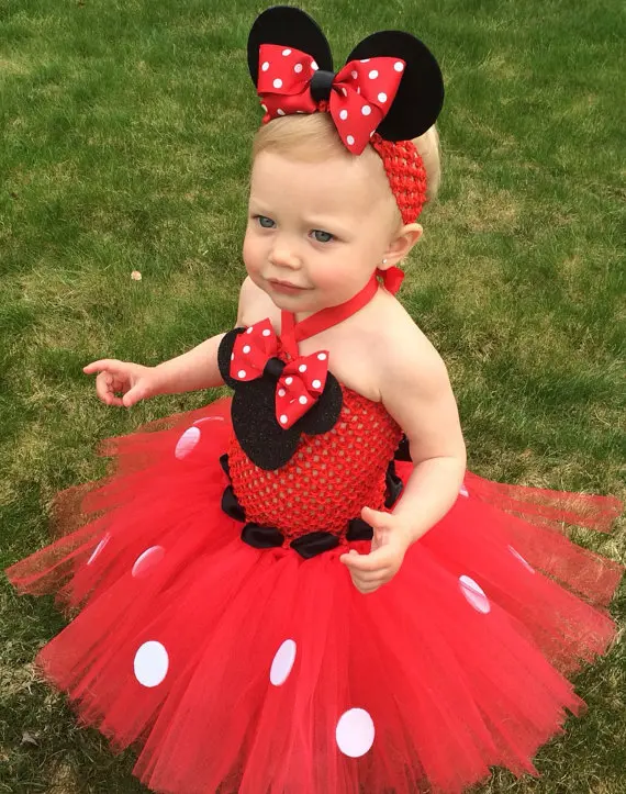 Vestido com Pontos Brancos e Hairbow Festa dos Desenhos Bonito Meninas Rosa Mickey Tutu Vestido Bebê Crochê Tule Crianças Aniversário Animados Cosplay Mod. 254994 9 Mamãe e Bebê