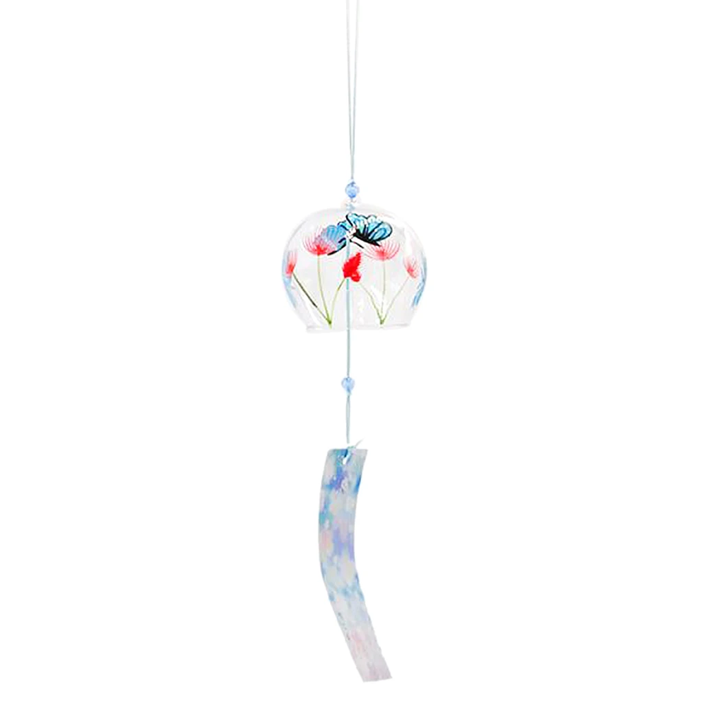 Japanese Culuture Glass Bell Furin Wind Chime Hanging Decor Butterfly Flower Pattern Decoration Crafts