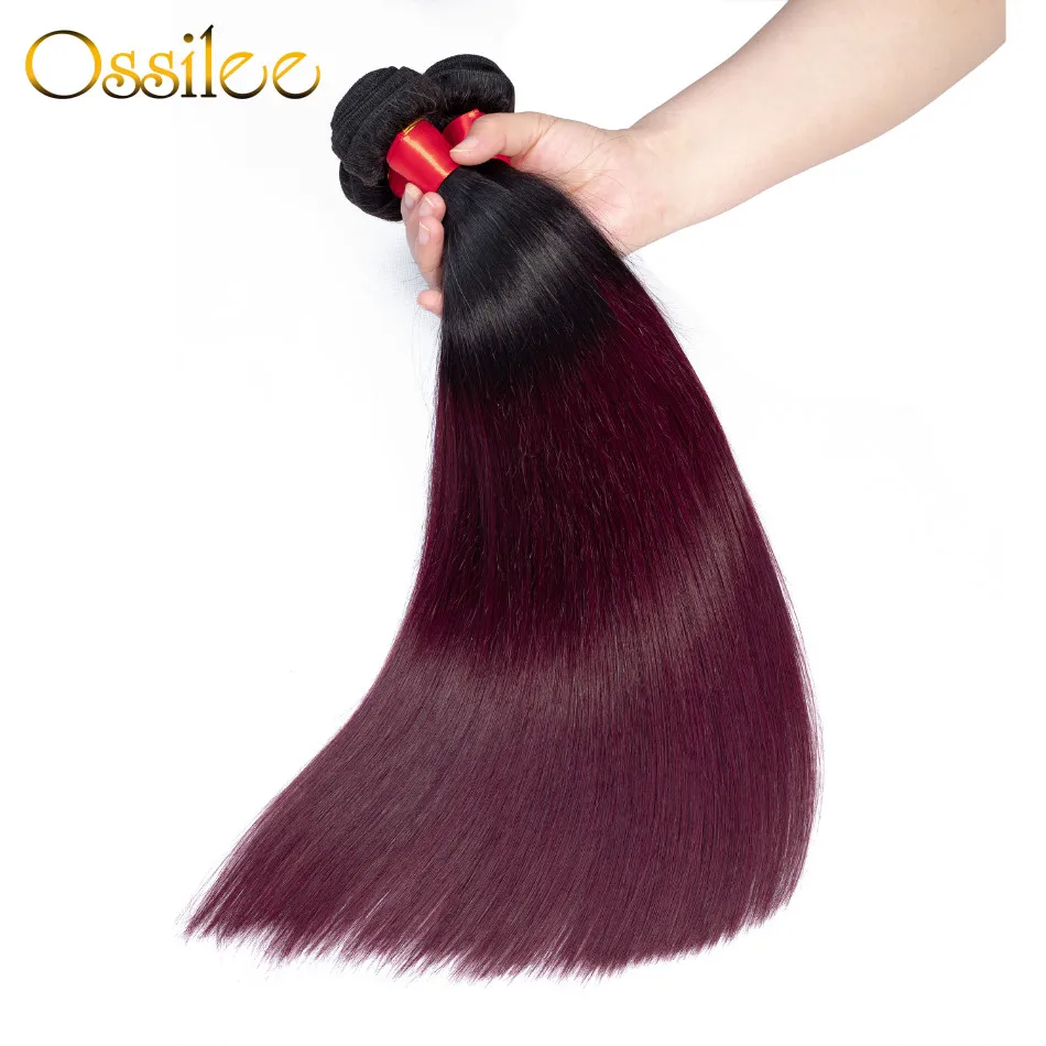 Ossilee Ombre Brazilian Straight Hair Bundles 1B 99J/Burgundy Two Tone Red Human Hair Bundles NonRemy Hair Extension 1/3/4 Pcs