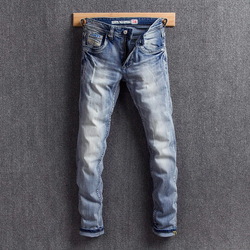 

Vintage Designer Men Jeans Blue Color White Wash Slim Fit Ripped Jeans Men Printed Elastic Denim Pants Fashion Classical Jeans