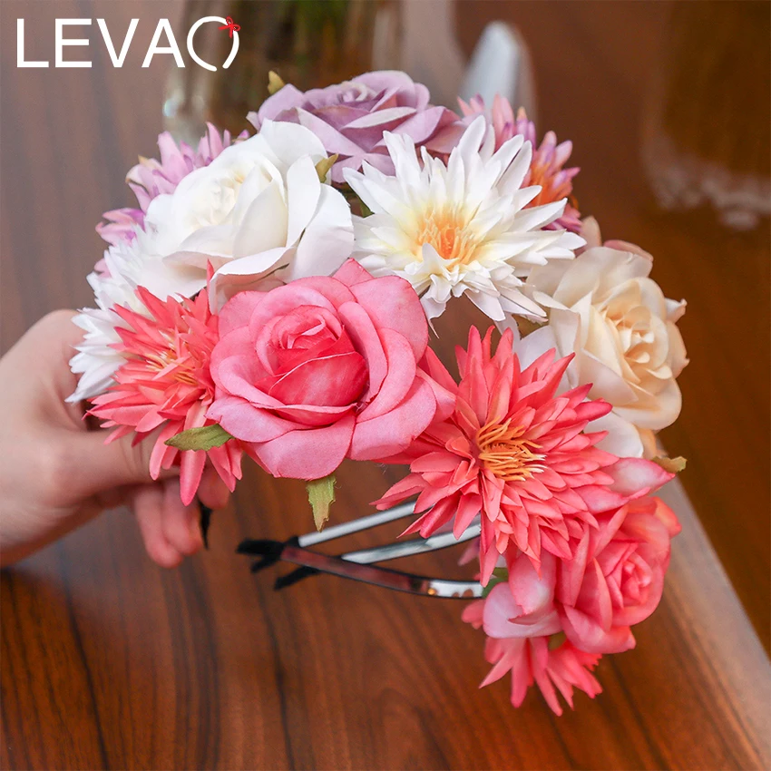 

LEVAO Women's Wedding Rose Hairbands Mixed Flower Slender Hair Hoop Bride Bridesmaid Garland Flower Crown