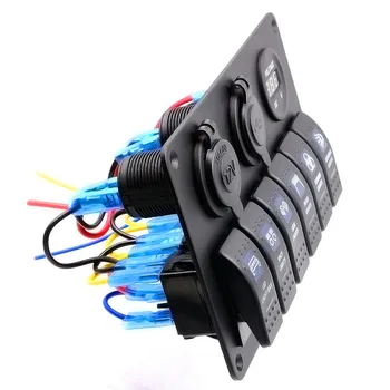 

5 Pin Dual Lamp 6 Gang Rocker Switch Panel Cigarette Lighter Socket Dual USB Charger Digital Voltmeter Display M8617