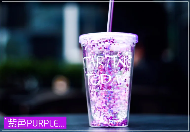 450 мл, кофейная чашка для девочек, кружка с соломинкой и крышкой, блестящая, с двойной стенкой, изолированная пластиковая бутылка для воды, для ледяного фруктового сока - Цвет: Фиолетовый