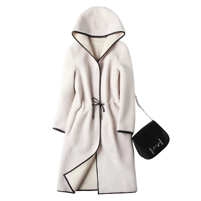 Duoupa Real Fur Coat Sheep Shearing Fur Lamb Fur Coats 2018 Winter Coat Women Wool Jacket Hooded Tops PU Lining Long Korean Tops