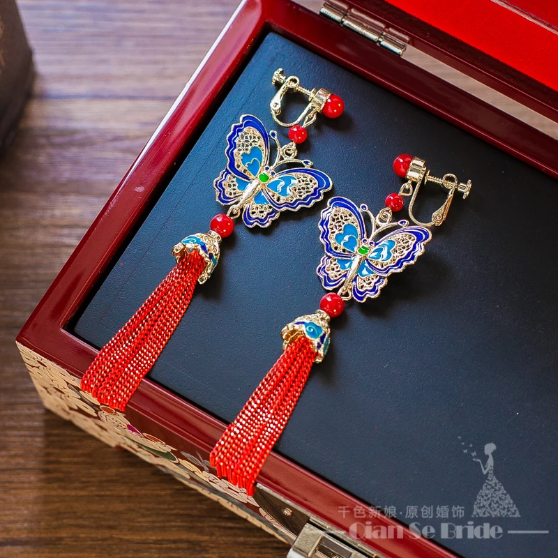 Long women earrings tassel chinese style clip earring wedding