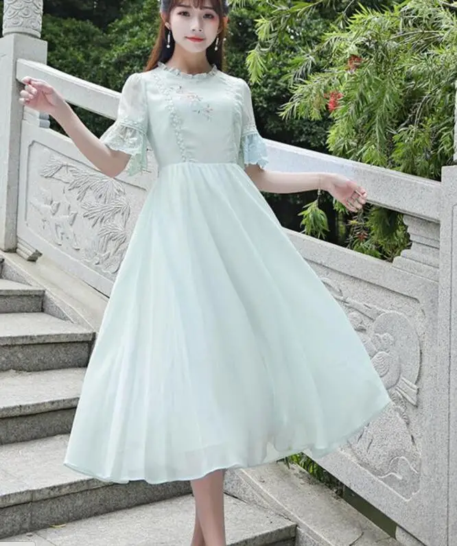 

Free Shipping Summer Retro Style Sweet Lace Decorated Collect Waist Flare Sleeve Chiffon Long Dress Light Green