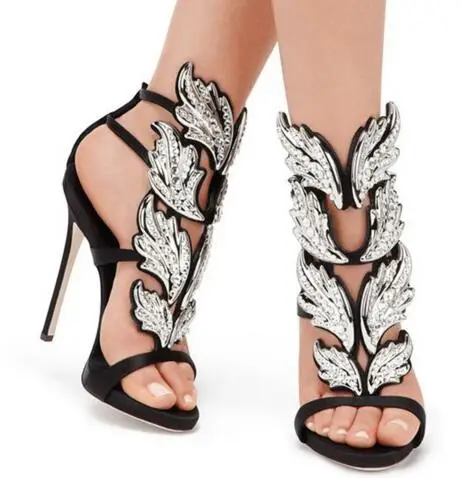 

Summer hot selling high heel sandal bling bling crystal embellished cut-outs sandal metallic leaf ankle strap sandal