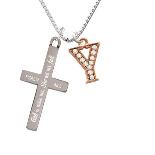 Crystal Rose Gold Tone Initial - Y - - She will not Fall - Cross Necklace (1)