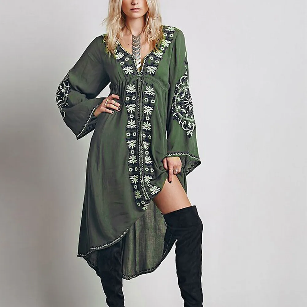 

elegant summer dresses plus size women clothing Women Bohemian V-Neck Solid Embroidery Long Sleeve Loose Ladies Knee-Dress #g6