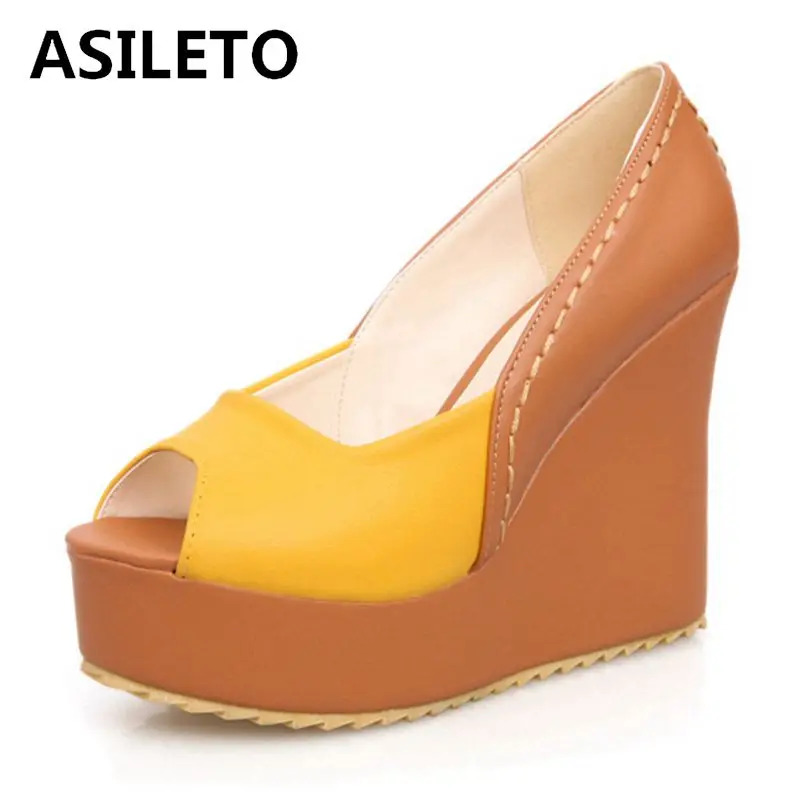 ASILETO Women's pumps Spring summer Shoes woman Platform Peep toe Slip on Patchwork Wedges Apricot Yellow Blue Red Cute A2003|Туфли| |