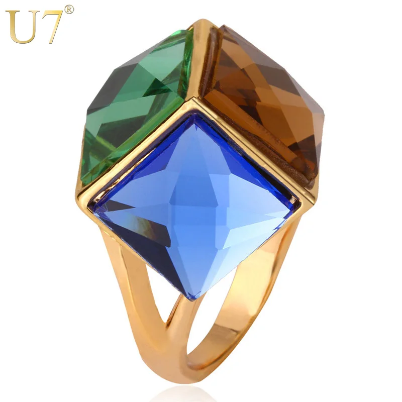 

U7 Big Green Crystal Ring For Women Gold Color Party Jewelry Trendy Colorful Fancy Stone Statement Rings R352