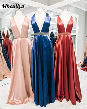 

Mbcullyd Prom Dresses For Women Pink Satin 2019 Sexy V-neck A Line Beading Long Party Dress Evening Formal Gown robe de soiree