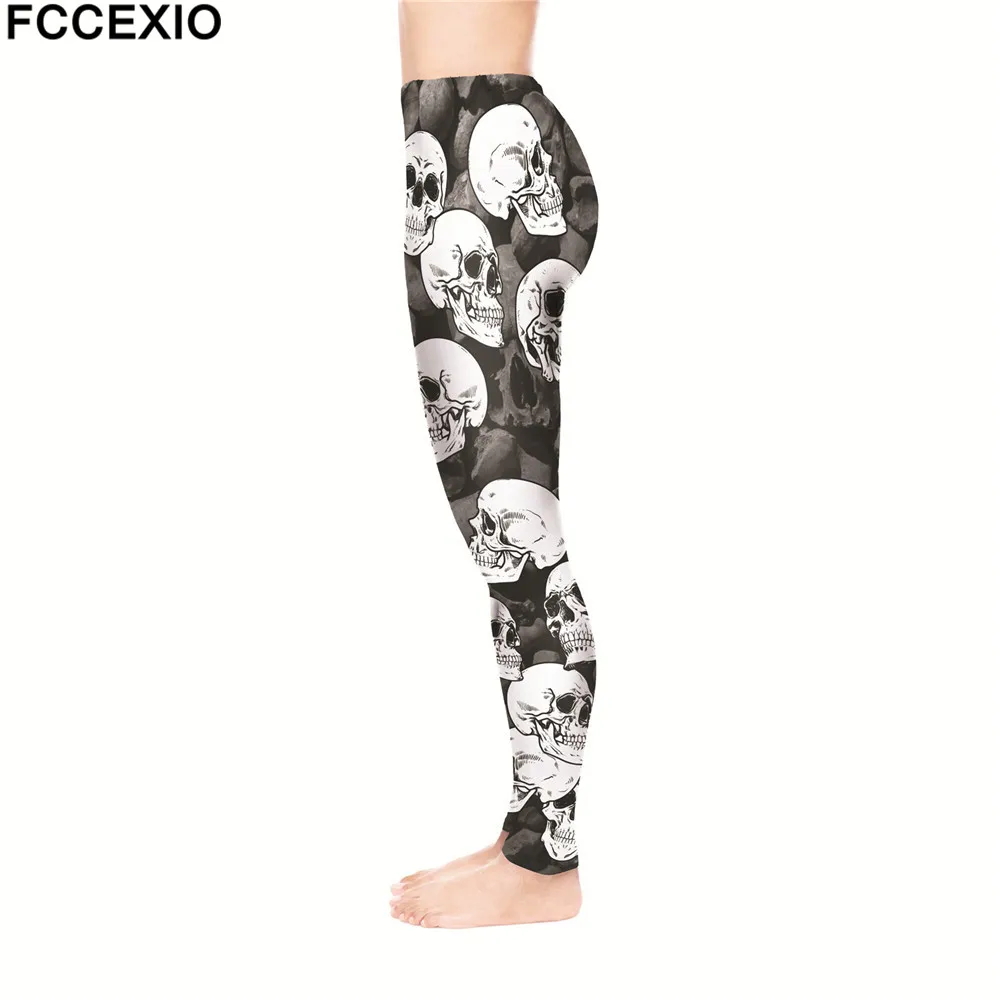 FCCEXIO женские тренировочные штаны с высокой талией, леггинсы для фитнеса, новинка, 5 стилей, принт Черепа скелета, Женские легинсы, обтягивающие брюки