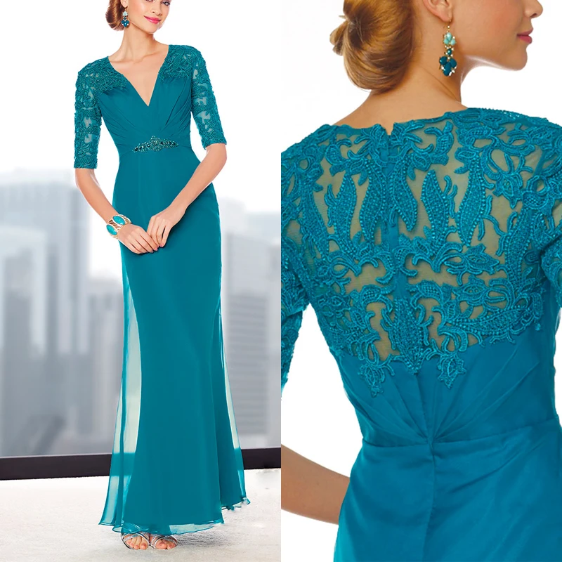 

New 2014 Chiffon Long Blue Brides Mother Dresses For Weddings Beads Appliques Mother of the Bride Dresses With Half Sleeves