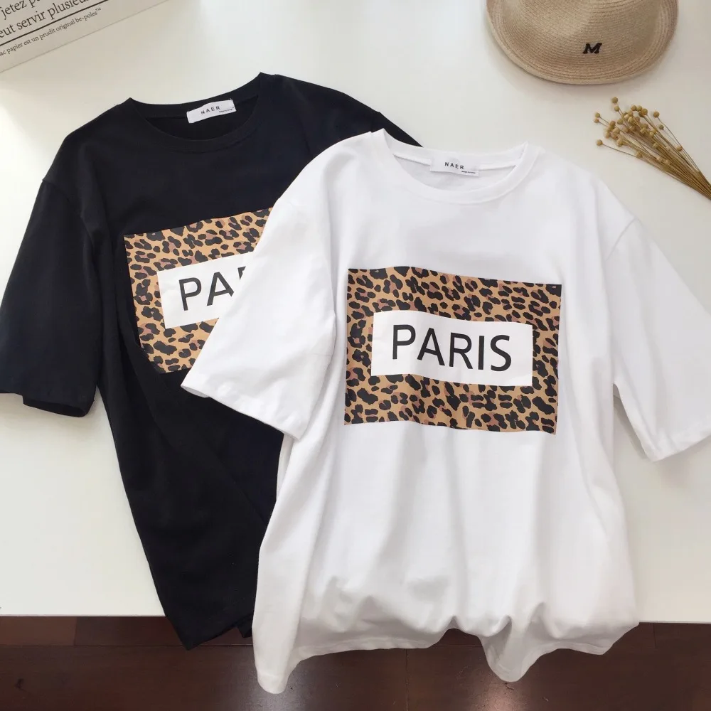 Женские летние хлопковые футболки с леопардовым принтом из Парижа, женские креативные футболки с коротким рукавом, женские свободные футболки с круглым вырезом, большие размеры