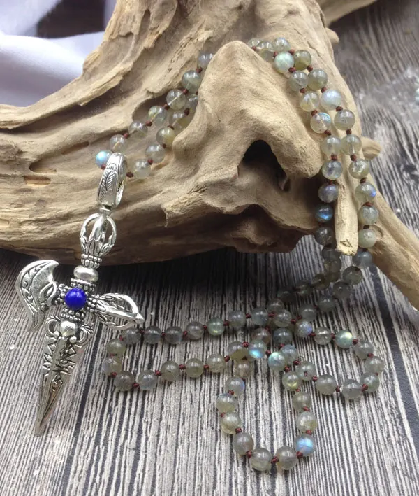 

YA3075 Tibetan Buddhist Wand Pendant Labradorite Stone Beads Knot Handmade Necklace