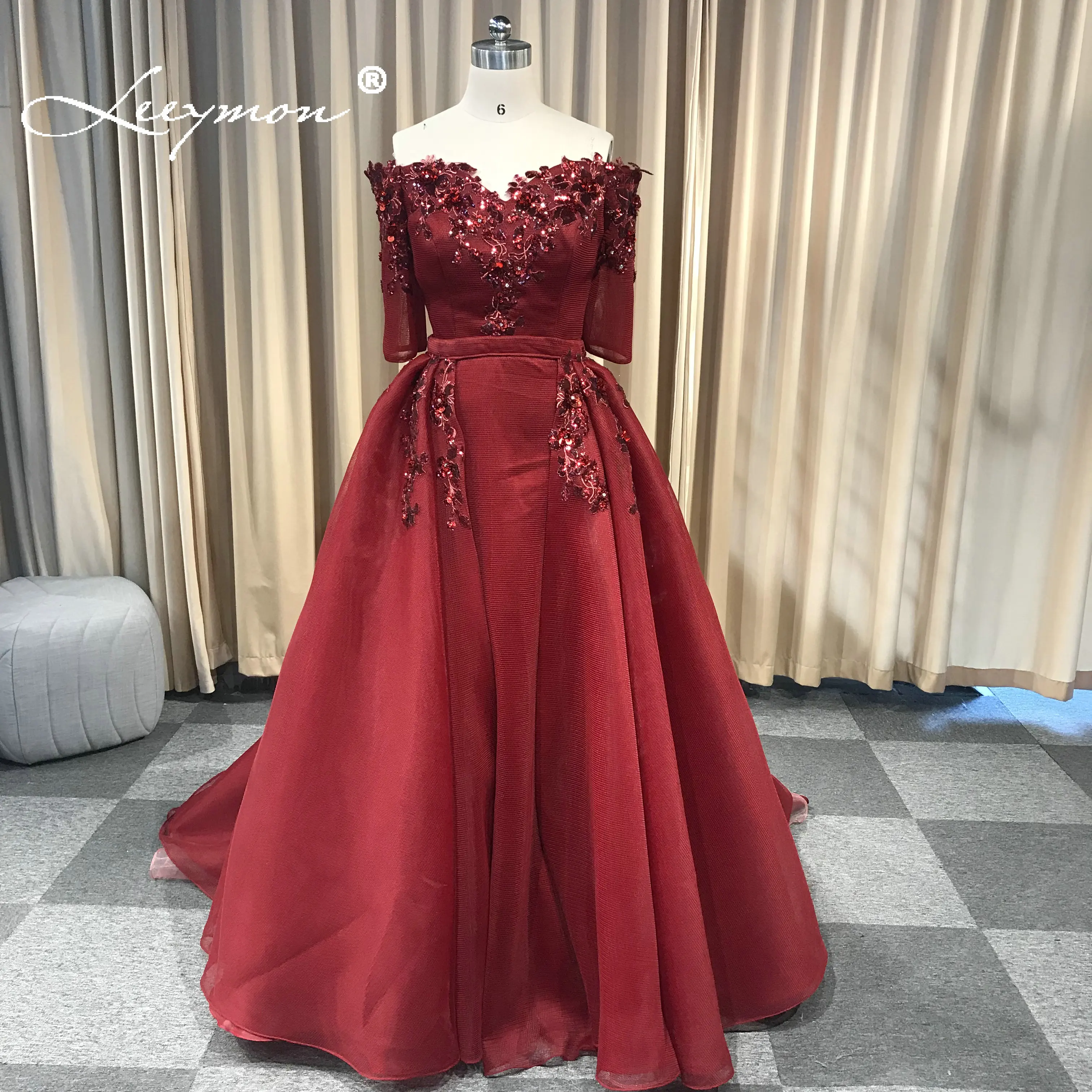 

Leeymon Burgundy Evening Dress A-Line floor length Lace Appliques High End Evening Party Gown Detachable Train Dress