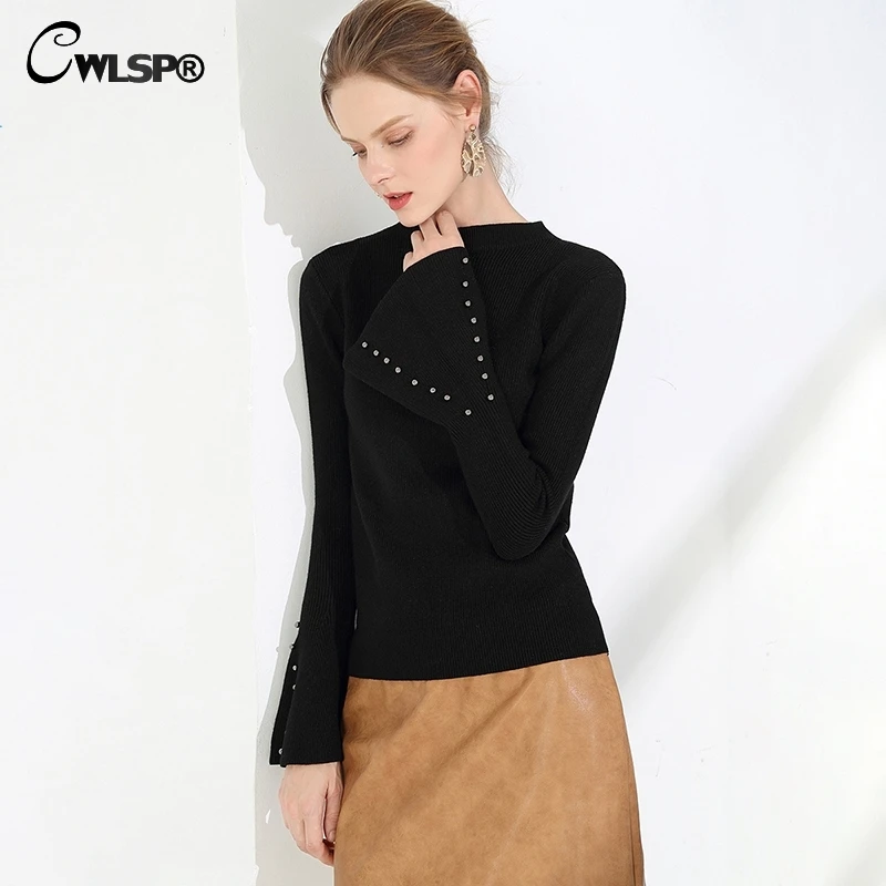 CWLSP 2018 Autumn Solid Knit Ribbed Sweaters For Women 6 Color O Neck Beading Women Pullovers Flare Sleeve Korean Style QZ3073