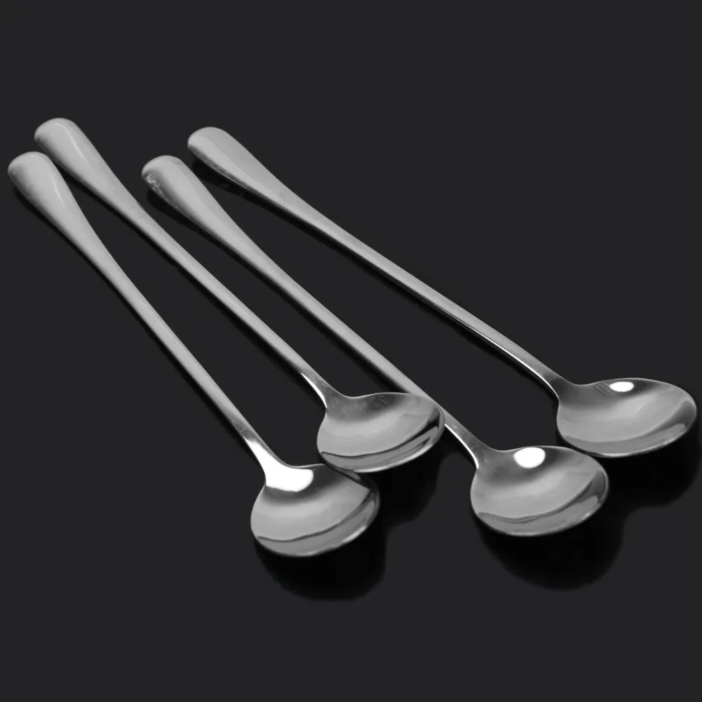 

4Pcs Silver Stainless Steel Long Handle Coffee Spoons Tea Latte Coffee Dessert Drink Spoon Flatware Home Office Restaurant Use