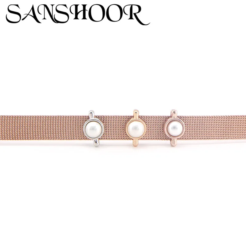 

SANSHOOR Jewelry White Imitation Pearl Slide Charms Fit 10mm Stainless Steel Mesh Bracelet for Women for DIY Accessories Making