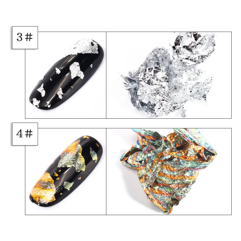 12 Colors/set Nail Foils Sticker Gold Silver Glitter Adhesive Glue Image Transfer Paillette Flake Chip Foil Paper Nail Art Tips