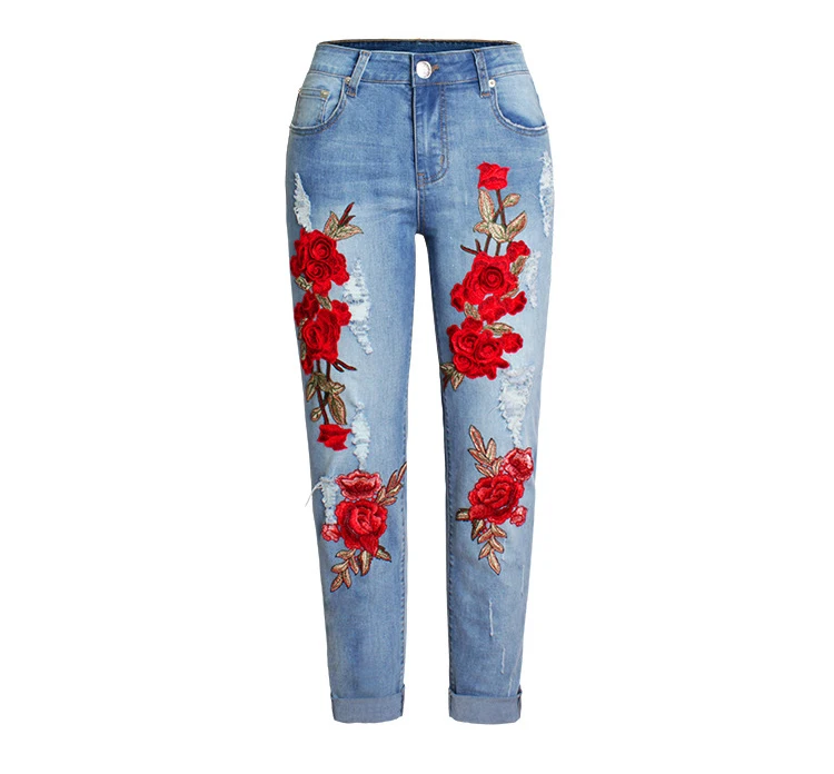 2018 Europe and the United States new women's elastic loose jeans female trousers color flowers 3D three-dimensional embroidered holes jeans have large size (5)