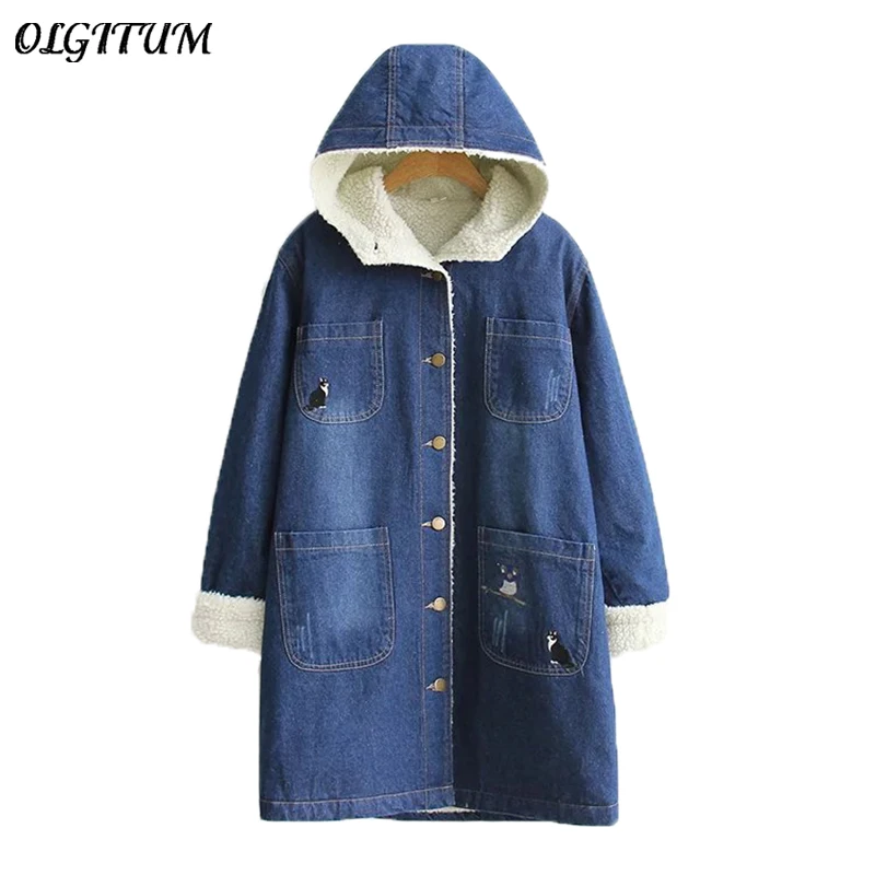

2019 Winter new women lambswool coat owl thicken warm hooded loose denim jacket Fashion long section jacket blue parkas