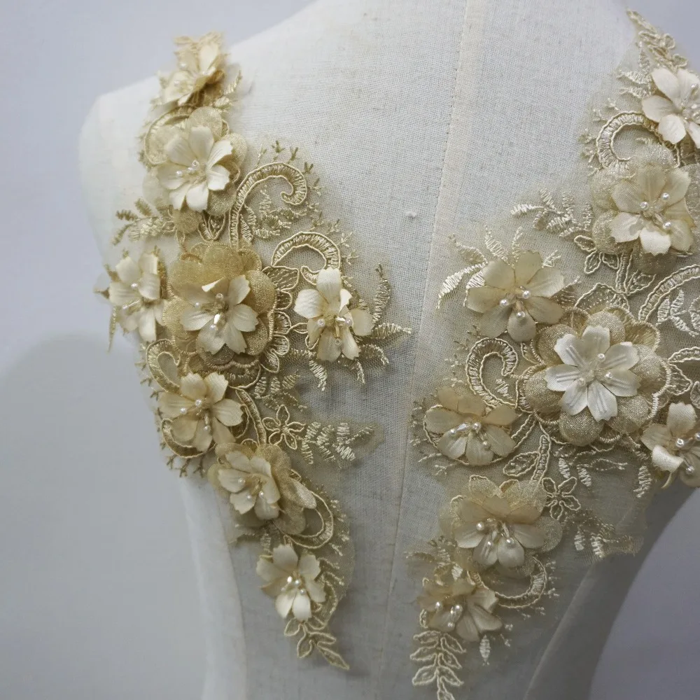

Champagne color 3d appliqued lace flowers sewing for women gowns 6 Pieces/lot 2018 New arrival clothing diy lace patches NICE!