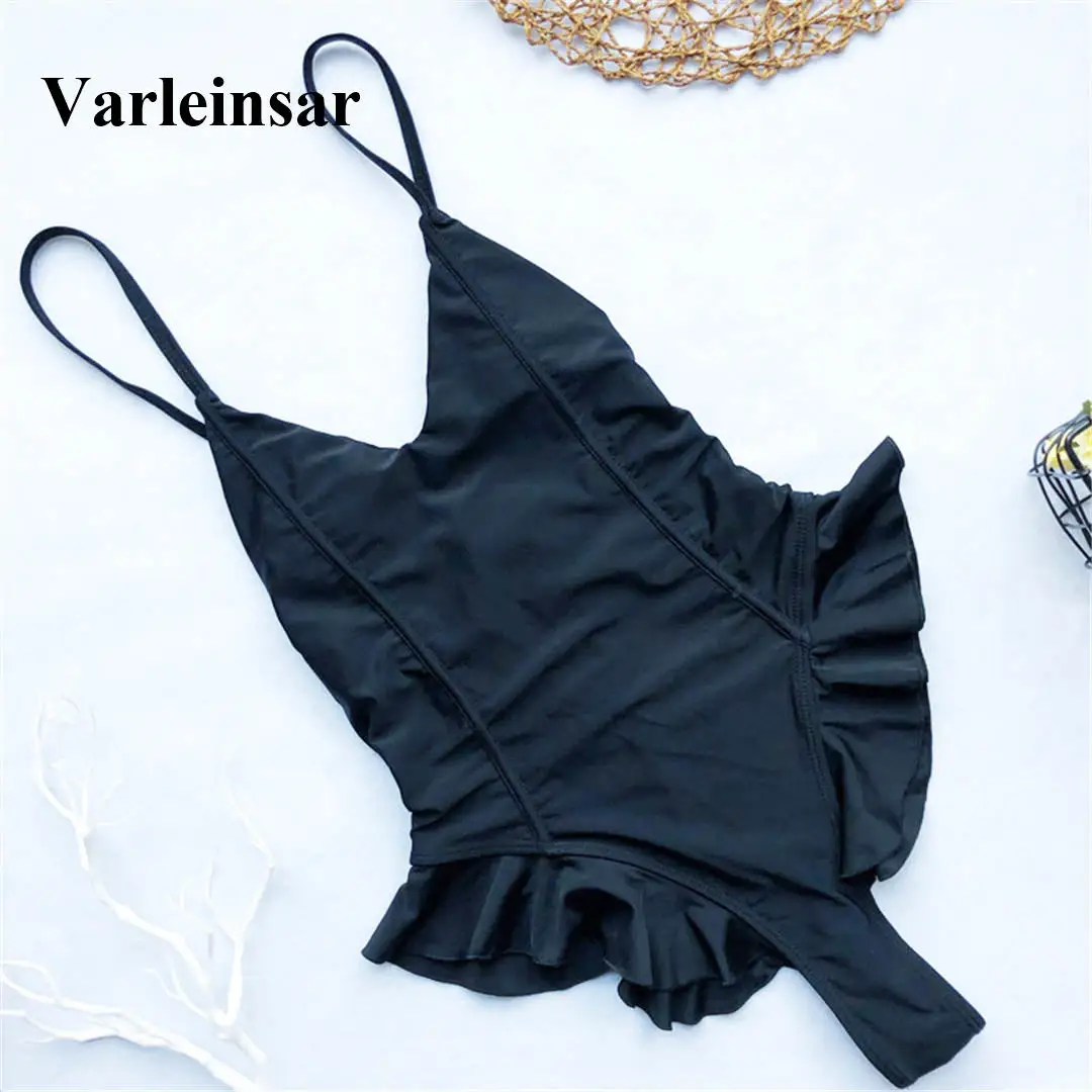 

4 colors New 2019 Women Swimwear Ruffled V Neck One Piece Swimsuit Female Bather Thong Bathing Suit Swim Lady V1529