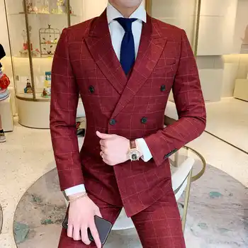 

3pcs Red Plaid Wedding Dress Suits For Men Groom Tuxedo Men's Suit Casual Business Suit Double Breasted Terno Blazer+vest+Pants