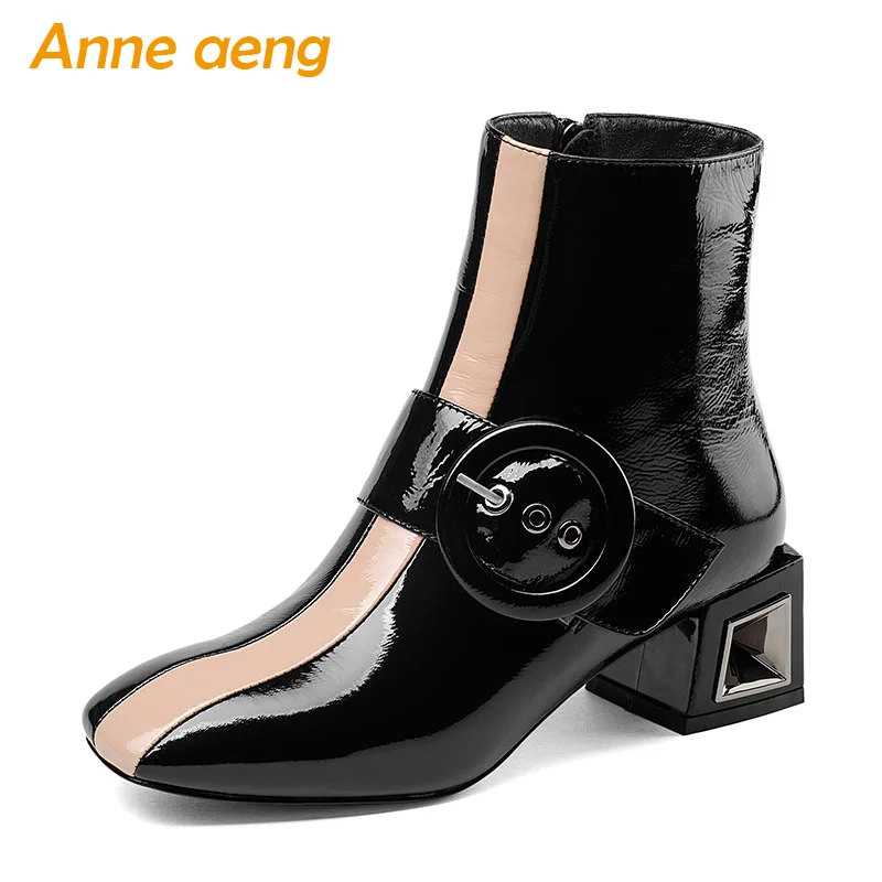 

2018 New Autumn/Winter Genuine Leather Women Ankle Boots Mixed Colors Square Toe Zip Sexy Ladies Snow Boots Black Women Shoes