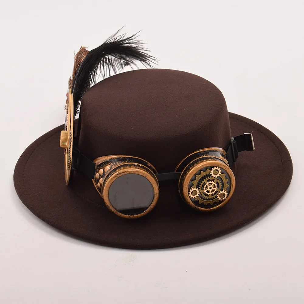 1 шт. Мужская/женская шляпа в стиле стимпанк, очки с перьями, Готическая винтажная коричневая шляпа, викторианский Косплей - Цвет: Коричневый