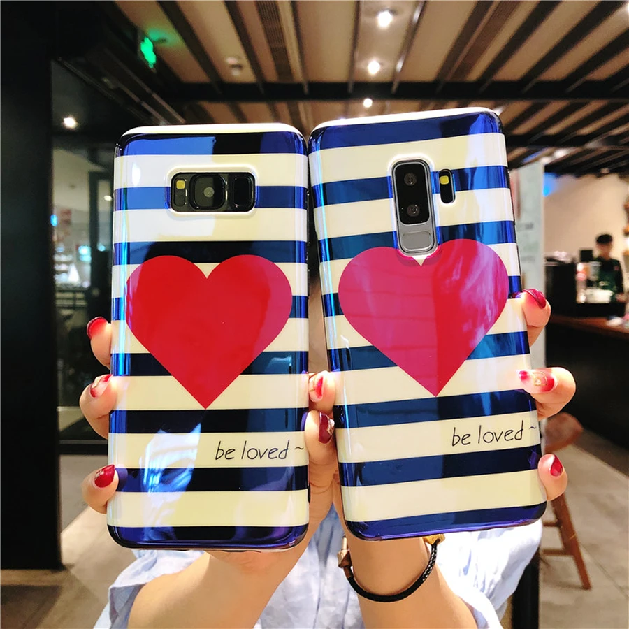 

For samsung galaxy s7 edge s9 s8 plus note 8 note 9 case Luxury Blue ray stripe love heart pattern glossy soft silicon phone bag