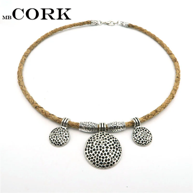 

Natural Cork round Statement women necklace handmade original wooden jewelry Ship from Europe N-113