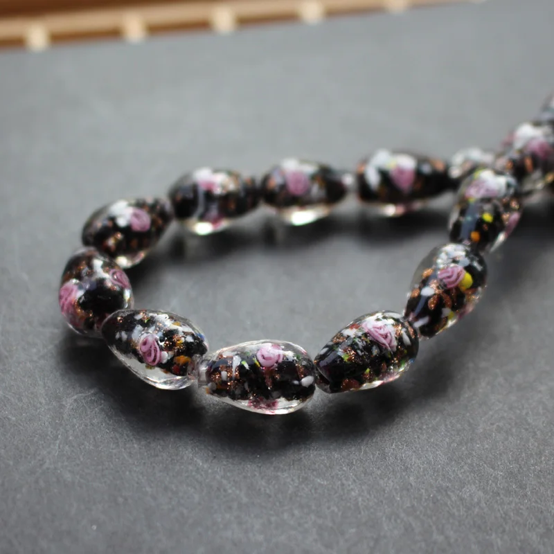 

20Pieces/Lot 9mm*16mm Drop Shape Lampwork Glass Beads Flower With Inner Colorful Pieces Black Color for jewelry making