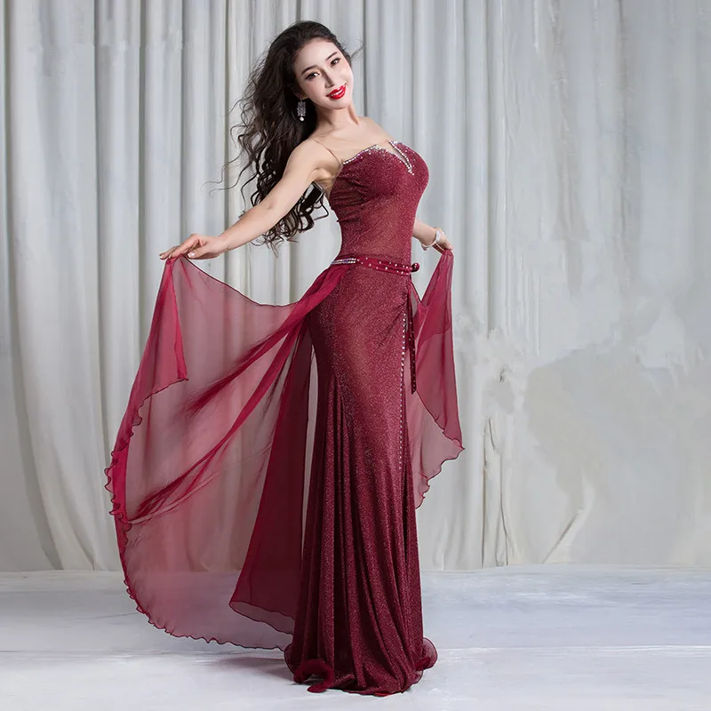 

New Sexy Women Summer Performance Show Wear Silk Fairy Dance Suit Maroon Coral M L Free Shipping